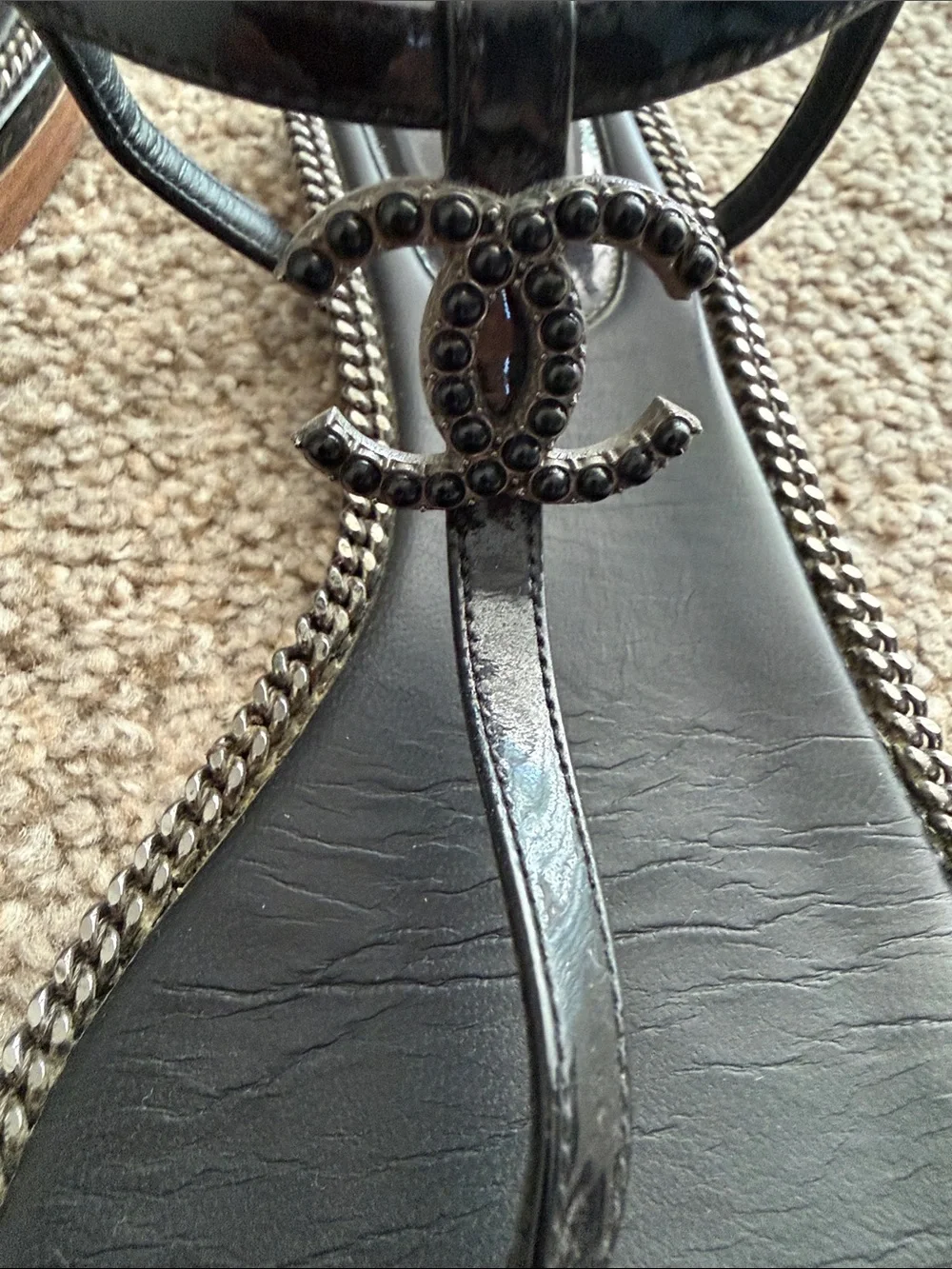 CHANEL Black Patent Leather CC Chain Trim Thong Sandals